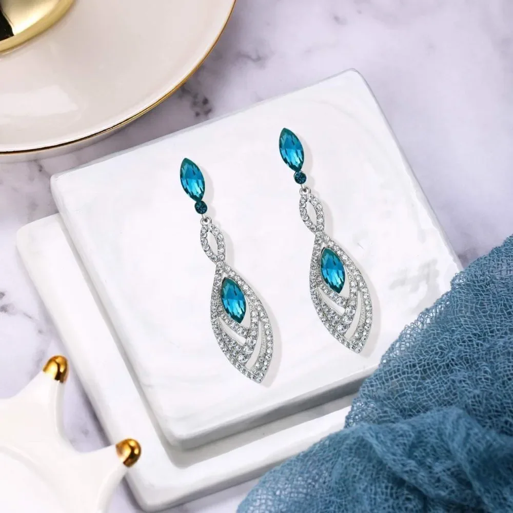 Silver with Blue Topaz and Diamond Austrian Crystal Twisted Chandelier Earrings